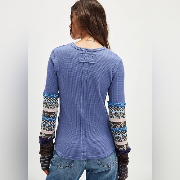 Free People Tops - Free People Blue Waffle Knit Long Sleeve Top with Patterned Sleeves